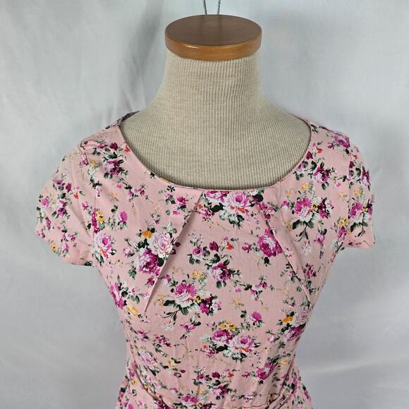 Rummies Dress Women's 6 Pink Floral Mini Short Cap Sleeve Tie Round Neck Zipper - Picture 2 of 16
